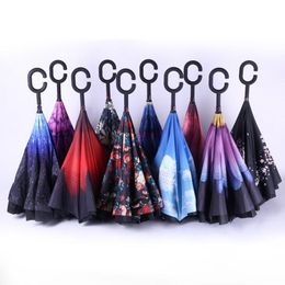 2017 Creative Inverted Umbrellas Double Layer With C Handle Inside Out Reverse Windproof Umbrella 34 colors fast shipping