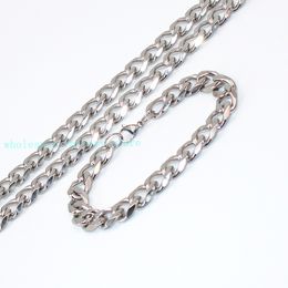 Silver Lobster Clasp High Polished Stainless steel 15mm Cuban Curb Link Chain 24'' Necklace + 8.66" Bracelet Set
