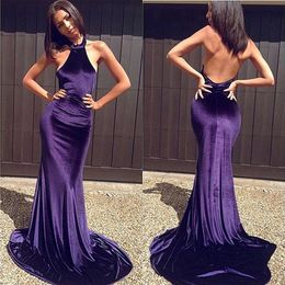 Simple Dark Purple Velvet Backless Prom Dresses Long Halter Count Train Mermaid Party Gowns Custom Made Celebrity Dresses Evening Wear