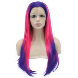 24" Long Hot Pink Violet Purple Ombre Straight Heat Friendly Synthetic Lace Front Fashion Wig S02