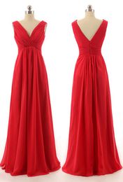 Arabic African Red Long Bridesmaid Dresses Sleeveless Plus Size Chiffon A-line Party Dress V-neck Beautiful Bridesmaid Dresses