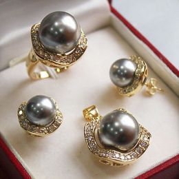 10mm &14mm gray South sea Shell Pearl Earrings Necklace Ring Set No box