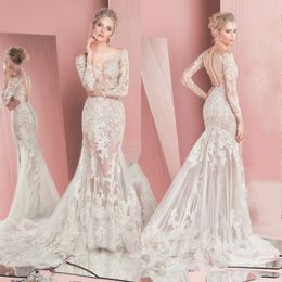 Luxury Zuhair Murad Wedding Dress 2017 Stylish Sexy See Through Mermaid Bridal Dress Sheer Scoop Lace Applique Long Sleeves Wedding Gowns