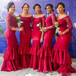 2017 New South African Style Mermaid Burgundy Bridesmaid Dresses Off Shoulders Lace 3/4 Sleeves Maid of the Honour Dresses with Tiers Skirt