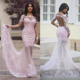 Elie Saab Pink Mermaid Evening Dresses Lace Applique Beads Dubai Arabic Long Sleeve Formal Dress Sweep Train Illusion Prom Gown Party Wear