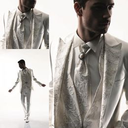 Luxury Black Groom Tuxedos With white Embroidery 2014 Double Breasted Formal Suits Slim Fit Wedding Suit For Men (Jacket+Pants+Vest)