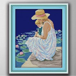 Mother and son watching fish, handmade painting counted print on canvas DMC 14CT 11CT, diy Cross Stitch Needlework Sets Embroidery kits