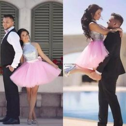 New 2017 Silver Sequined Top Pink Tulle Ball Gown Short Prom Dresses Cheap Bow Sash Minin Party Gowns Custom Made China EN9017