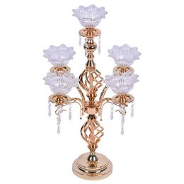 Gold 5 Heads Candelabra H 68cm Candle Holder with Lotus Candle Cups Exquisite Design Wedding Centerpiece with Pendants