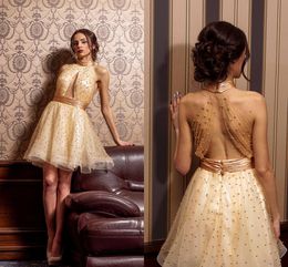 Gold Short Prom Dresses High Neck Halter Pleated Tulle Dance Evening Party Dresses Keyhole neckline Backless Cocktail Dresses With Pearls