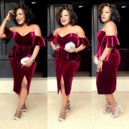 Burgundy Velvet Plus Size Prom Dresses South African Sexy Off Shoulder Evening Gowns Peplum Formal Party Vestidos Custom Made