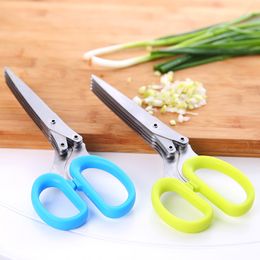 Multi-functional Stainless Steel Vegetable Tools 5 Layers Scissors Sushi Scallion Herb Spices Cut Shredded Scissors with Brush Paper Card Packing 19*8cm