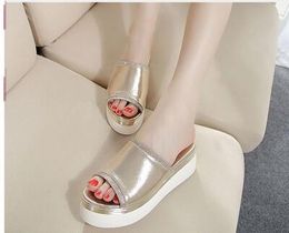 Fashion Women Slippers Split Leather Sandals 2017 Summer Open Toe Thick Soled Female Outside Women Wedges Slippers Platform Shoes.