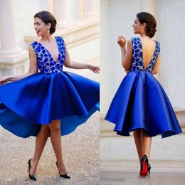 Chinese Blue Short Party Prom Dresses 2017 Deep V Neck Backless Lace Knee Length Satin Prom Gowns Bridesmaid Dress Formal Wear