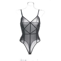 Mesh Sheer Sexy Adjustable Spaghetti Cami Strap Shapewear Bodysuit with Panels Women Transparent Sleeveless Leotard Bodysuit Elegant Romper