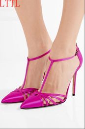 2017 women silk pumps women hot pink high heels pointed toe pumps thin heel gladiator sandals cuts out party shoes