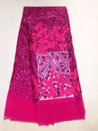 5 Yards/pc Wonderful fuchsia french net lace fabric with flower embroidery and sequins african mesh lace for party dress LJ4-2