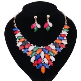 New Hot Fashion Statement Resin Beads Crystal Bohemian Necklaces Earring Jewelry Set Women Strain Jewelry Accessories