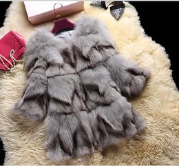 New Winter fashion women's full pelt real natural fox fur long sleeve o-neck medium long gradient Colour coat parka casacos M-3XL