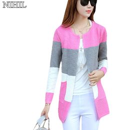 Wholesale-New Fashion Women Patchwork Cardigan 2016 Spring Long Sleeve Pink O-Neck Slim Knitted Sweater Coat Korean Women Pull Outwear Top