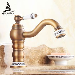 Free shipping Retro Style Deck Mounted Long Neck 360 Rotation Bathroom Sink Basin Faucet Antique Brass Single Handle JCS-5868F