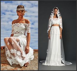 Off Shoulder Neck Lace Beach Wedding Dresses Elegant Design Short Sleeve Iullsion Sheer Skirt Cheap Price Two Pieces Dresses Custom