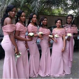 Off Shoulder Bridesmaid Dresses 2017 Pink Lace And Satin Floor Length Black Girl Formal Mermaid Party Dresses For Wedding Custom Made Cheap