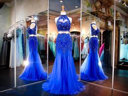 High Neck Two Pieces Evening Dresses Mermaid Royal Blue Beaded Crystal Prom Gowns 2017 Summer OPen Back Applqiues Party Gowns