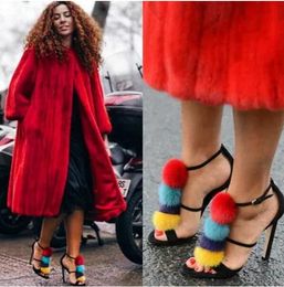 2017 new arrival women fur ball high heels pom pom sandals gladiator sandals ankle strap sexy party shoes thin heel