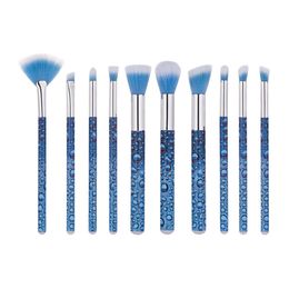 10pcs Professional Makeup Brushes Set Facial Care Foundation Powder Blush Make Up Brush Glitter 3D Water Droplets Blue Cosmetics Brush Kit