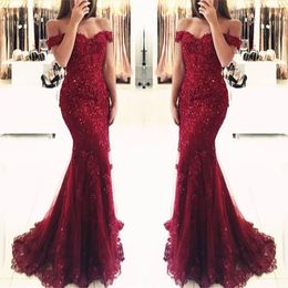 Stunning Crystal Bury Mermaid Prom Off The Shoulder Sweetheart Soft Tulle Lace Floor Length Formal Evening Dresses