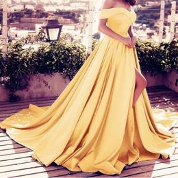 Gold Satin Side Split Prom Dresses Off the Shoulder Sleeveless Lace-Up Back Prom Party Dress Classic A-Line Sweep Train Formal Evening Gown