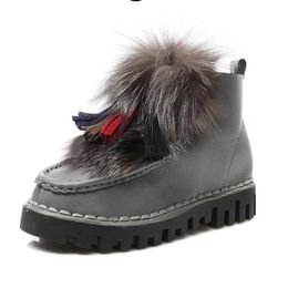 Women's Natural Real Fox Fur Snow Boots Low Genuine Leather Short Ankle Boots Fur Boot Female Plush Flat Heel Winter Shoes