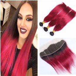 Bright Red Human Hair Bundles With Lace Frontal Closure Brazilian Human Virgin Straight Hair Extensions With Lace Frontal Ombre Red Hair