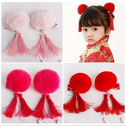 Chinese Fur Ball Tassel Hair Clips Red Hairband Head Band For Girls Children Kids Hairpin Hand Rim Hair Accessories Hair Bows