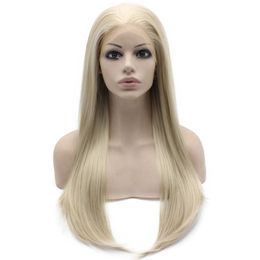 24" Long Ash Blonde Silky Straight Half Hand Tied Heat Resistant Synthetic Fiber Lace Front Fashion Wig S02