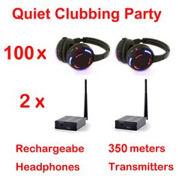 Professional 500m Distance Silent Disco system black led wireless headphones - Quiet Clubbing Party Bundle with 100 Headphones and 2 Transmitters