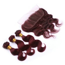 Brazilian Wine Red 13x4" Lace Frontal Closure With 3Bundles 4Pcs Lot Body Wave Virgin #99J Burgundy Human Hair Wefts With Full Lace Frontals