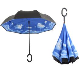 Self Standing Inside Out Inverted Umbrellas Double Layer Reverse Rainy Sunny Umbrella with C Handle wa3233