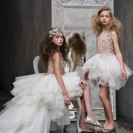 Luxury High Low Flower Girls Dresses for Weddings Lace Applique Crystal Princess Dress for Little Girl Ärmlös Hot Sale Pageant Crows