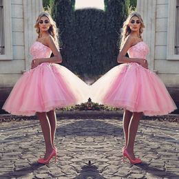 TuTu Pink Knee-Length Prom Dress Stylish Strapless Beaded Lace Appliques Pretty Cocktail Party Dress Puffy Tulle Short Lovely Even342S