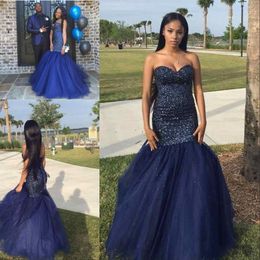 Dark Navy Mermaid Prom Dresses 2019 Stunning Beaded Sweetheart Corset Back Black Girls Pageant Evening Gowns with Puffy Train Plus Size