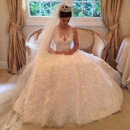 2019 New Vintage Flower Appliques Lace Scoop Princess Wedding Dress Elegant A-line Long Bridal Gown Plus Size Custom Made