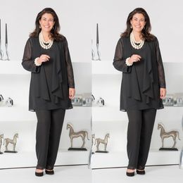 Cheap Black Mother Of The Bride Pant Suits With Jackets Scoop Neck Wedding Guest Dress Three Pieces Plus Size Chiffon Mothers Groom Dresses