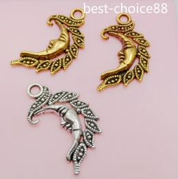 120pcs/lot Moon Face Charms Vintage Antique Silver gold bronze Plated Pendants for Jewellery Making DIY Handmade 26x16mm