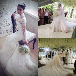 Luxury 2017 High Neck Lace Long Sleeve Overskirt Wedding Dresses With Detachable Cathedral Train Long Bridal Gown Beaded Custom Made EN11233