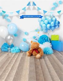 Newborn Baby Birthday Photo Backdrop Blue Balloons Teddy Bear Wood Floor Photography Background Party Studio Photobooth Prop