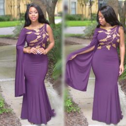 South African Purple One Shoulder Prom Dresses Gold Apppliques Mermaid Evening Gowns Floor Length Arabic Women Formal Party Vestidos