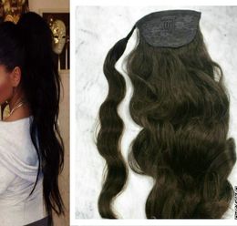 Clip in Ponytail Extension Long wavy curly straight Hair Fluffy Pony Tail Wrap Around 24 Inch - Dark Brown