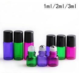 Wholesale Price 3000Pcs 1ml 2ml 3ml Glass Colourful Bottles Mix 3 Colours Mini Essential Oil Bottles with Stainless Steel Roller Black Lids